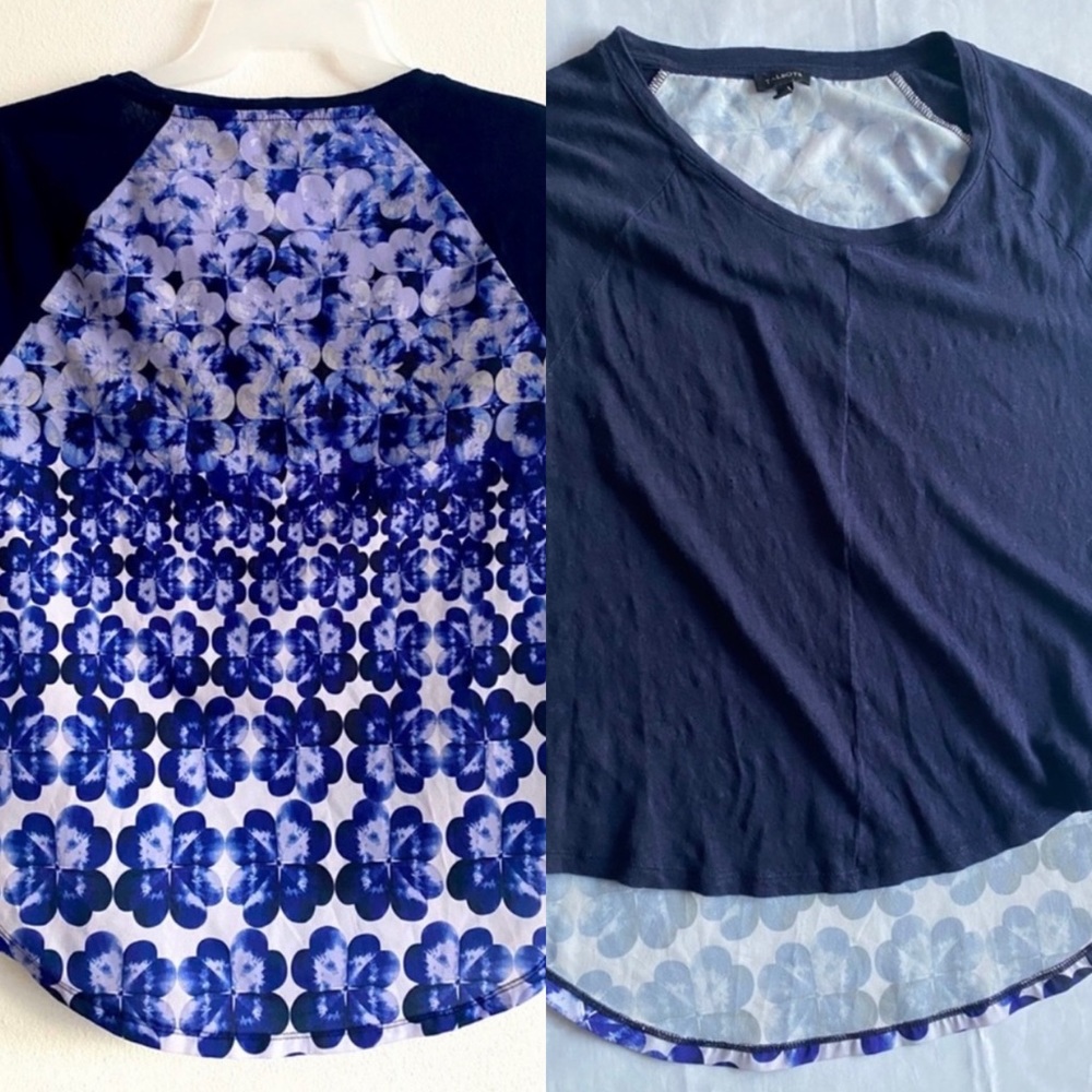 TALBOTS Navy Blue Linen Front Floral Droptail Back Blouse Size L